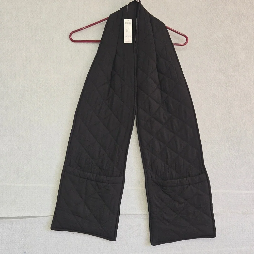 Chico's NOSZ Black Quilted Cold Weather Scarf with Pockets Hand Warmers